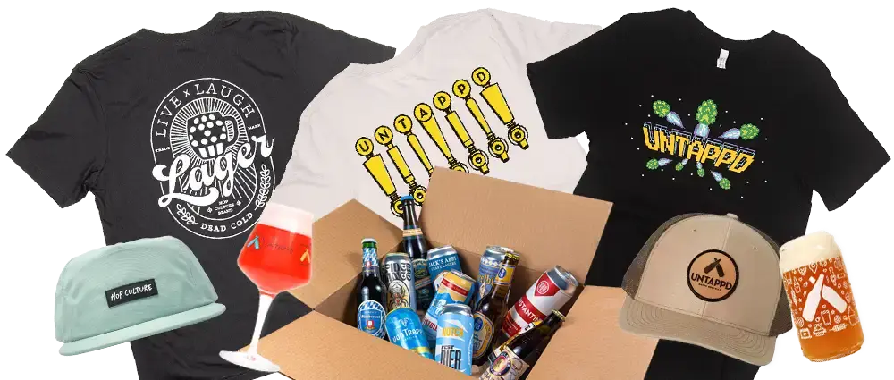 A variety of merch, apparel, and beer from the Untappd shop